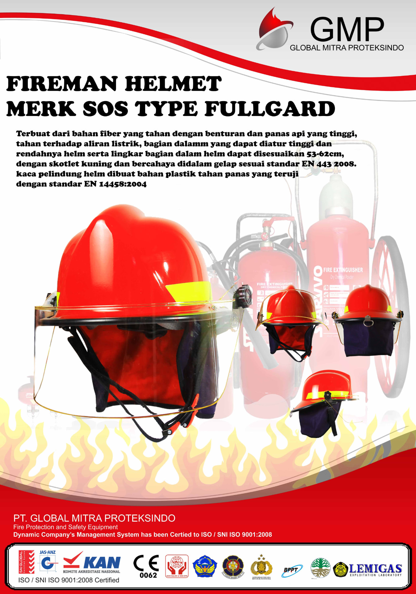 Helm pemadam kebakaran merk SOS type Fullgard warna merah dengan visor tahan panas dan neck curtain